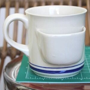 Vintage Cream Ceramic Mug with Tea Bag Holder Blue Striped Base Farmhouse Style